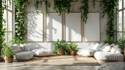 Fototapeta premium Minimalist wedding interior with blank posters and beautiful green flowers on the walls