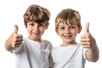 Two adorable Caucasian boys wearing white t-shirts and doing thumbs up. Isolated over white transparent background