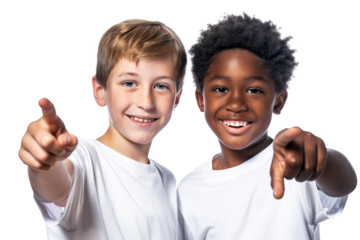 Two cheerful multi ethnic little boys pointing at camera with finger and smiling. Isolated over white transparent background