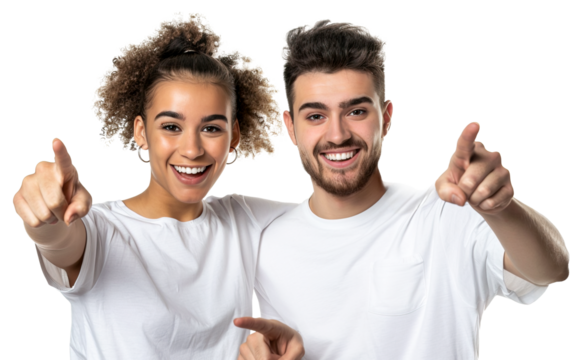 Two cheerful young multiethnic couple wearing white t-shirts and pointing with finger at camera. Isolated over transparent background