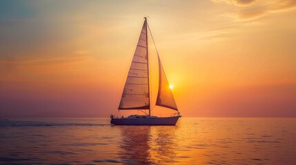Lonely yacht with white sail in open sea at sunset