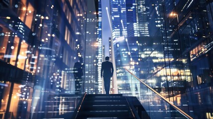 Businessman climbing stairs, double exposure with New York office building at night. Business and leadership achievement concept