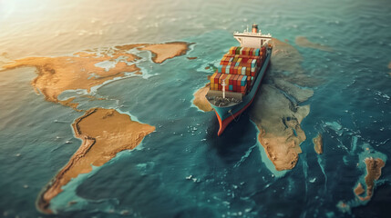 Obraz premium Containers being put on the ship by crane containers ship and transportation international import export by container ship in the open seaport show ocean map.