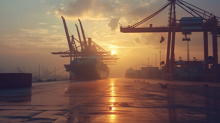 Obraz premium Containers being put on the ship by crane containers ship and transportation international import export by container ship in the open seaport show ocean map.