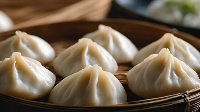 Chinese dumpling in a bamboo steamer box