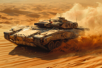 Armored behemoth rumbling across the desert sands, its turret swiveling ominously. Concept of modern warfare and armored superiority. Generative Ai.