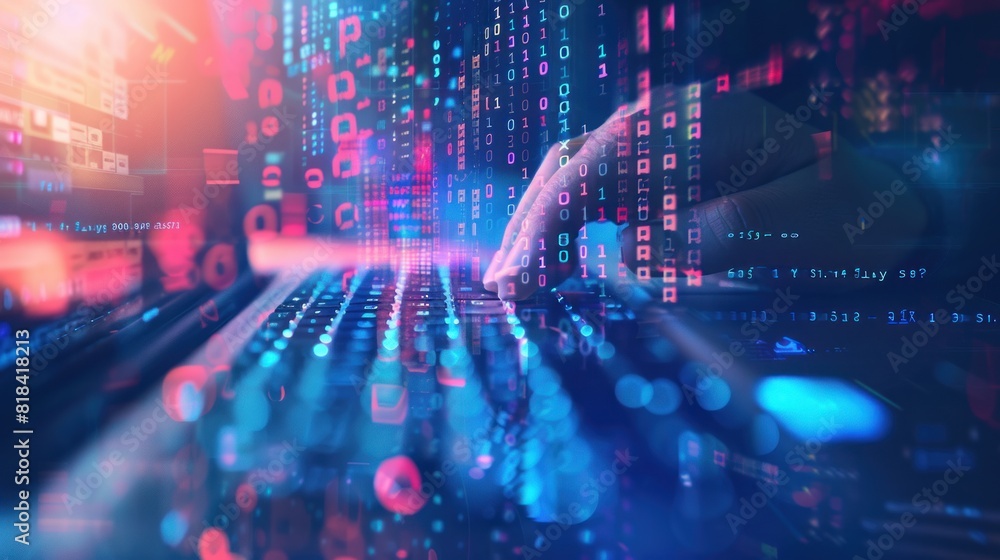 Poster hands typing on computer keyboard, with abstract code, online cyber attack, hack, threats and breach