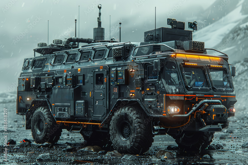 Poster mobile command center coordinating battlefield operations with real-time intelligence and communicat