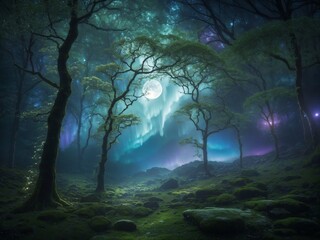 "Lunar Whispers: Moonlit Forest with Mystical Aurora Veil"