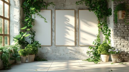 Fototapeta premium Minimalist wedding interior with blank posters and beautiful green flowers on the walls