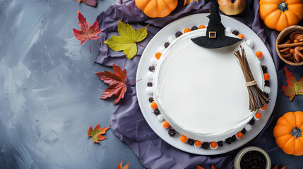 Above view Halloween orange white smooth buttercream frosting cake with candy witch hat fall leaves for spooky witchcraft October 31st party event bakery banner recipe cook mockup lux mock flatlay