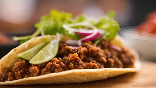 Mexican tacos with ground beef, vegetables and spices