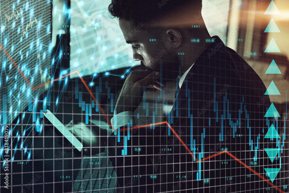 Poster Business man, stress and thinking of trading with phone and computer stats or data analytics at night in overlay. Trader or analyst with worry for stock market crash, inflation and investment fail