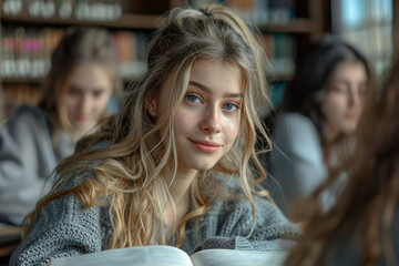 A study group session in a quiet library, where students collaborate on assignments and review materials for upcoming exams. Concept of academic support and learning. Generative Ai.