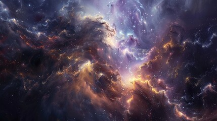 An artistic interpretation of a galaxy core, where the chaotic beauty of colliding stars and gravitational forces is captured in a moment of sublime tranquility.