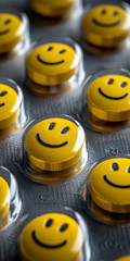 A group of yellow pills with smiling faces on them. happy concept