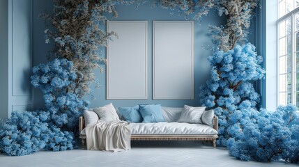 Minimalist wedding interior with blank posters and beautiful blue flowers on the walls