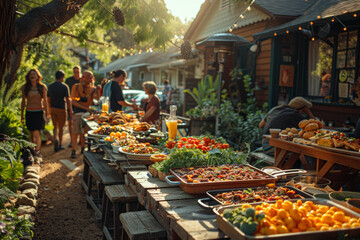 A neighborhood block party on a sunny afternoon, with residents coming together for games, food, and laughter. Concept of community spirit and neighborly bonds. Generative Ai.