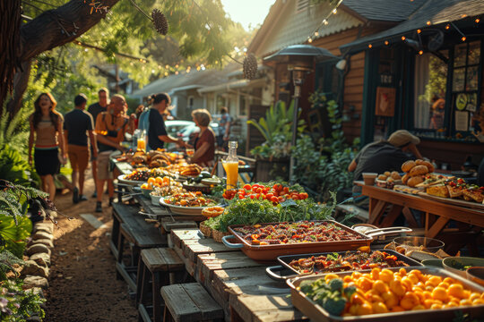 A neighborhood block party on a sunny afternoon, with residents coming together for games, food, and laughter. Concept of community spirit and neighborly bonds. Generative Ai.