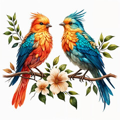 Obraz premium A pair of colorful birds perched on a branch with leaves and a flower.