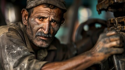 An up-close portrait of a seasoned worker, his hands worn yet skilled, meticulously operating machinery
