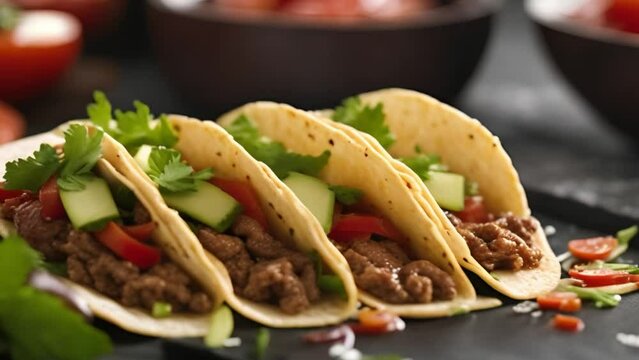 Mexican tacos with ground beef, vegetables and spices
