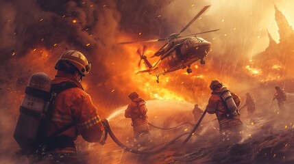 Detailed illustration depicting an emergency response team in action amidst a raging fire. Firefighters, dressed in protective gear, are seen battling the blaze with water hoses.