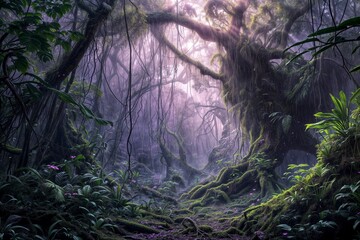 Dense thickets of mysterious jungle with purple haze