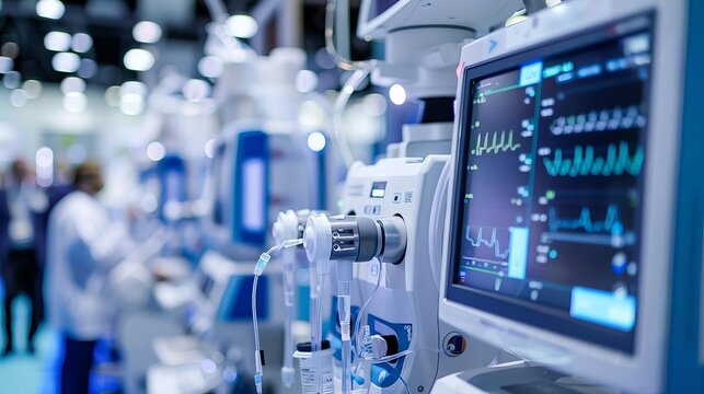 Healthcare innovations at a medical tech expo, featuring new devices and software solutions