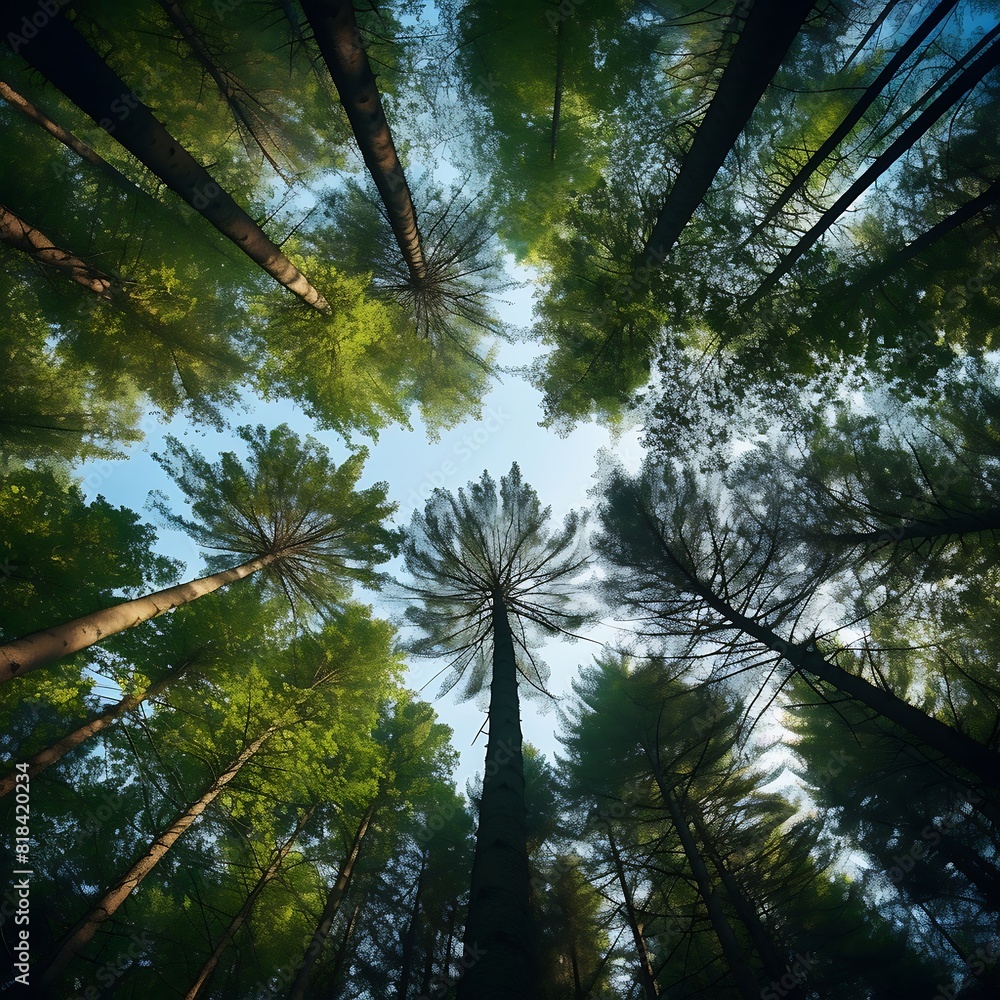 Poster low angle view of pine trees in the forest during the day.