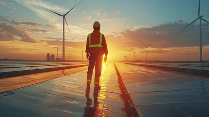 Innovation concept in renewable energy, featuring engineers working on advanced solar panels and wind turbines