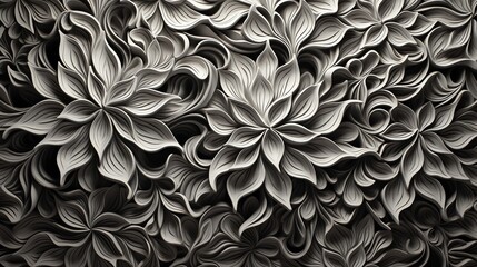 A grayscale floral pattern of leaves and flowers. The image can be create a larger pattern.