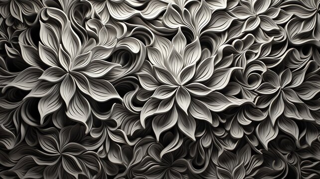 A grayscale floral pattern of leaves and flowers. The image can be create a larger pattern.