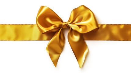 single gift bow, golden satin, with one ribbon isolated on white