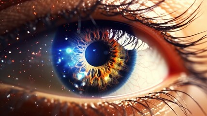 Close up of wide open human eye with galaxy reflection and glowing starry sky. Macrography of woman...