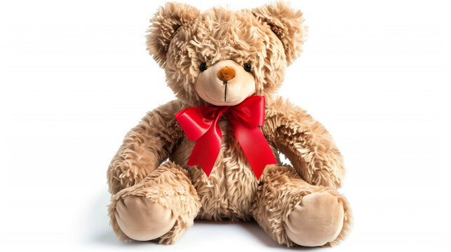 stuffed teady bear with red bow isolated on white