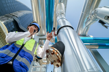 Industrial engineer adjusting pipeline valve with radio communication on construction site....