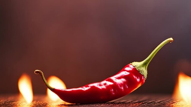 Chili pepper on fork with flames and fire on dark background. Burning red chili pepper. Slow motion