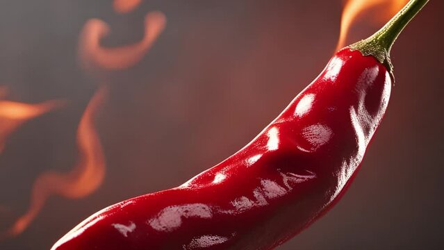 Chili pepper on fork with flames and fire on dark background. Burning red chili pepper. Slow motion