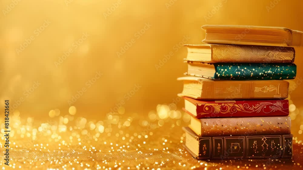 Poster stack of books on glittery golden background with bokeh effect
