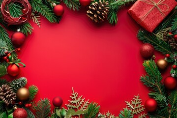 Fototapeta na wymiar Card with Christmas frame for text with fir decorations and gifts on red background - generative ai