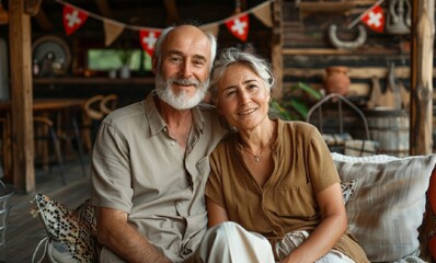 Fototapeta premium Senior smiling couple on the background of the Canada flag.beautiful old man and woman poses against the background of the national Canadian flag. Canada Day concept. Canada Civic Day Holiday card