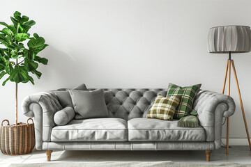 Living room interior with gray velvet sofa pillows green plaid lamp and fiddle leaf tree in wicker basket on white wall background. 3D rendering.
