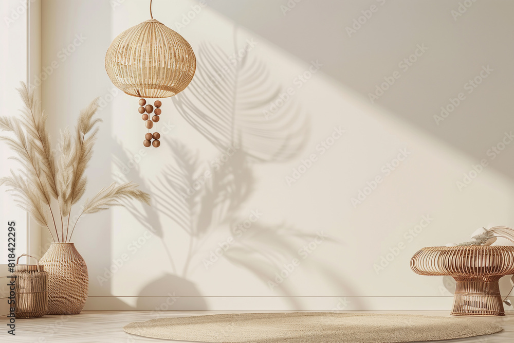 Wall mural Living room wall mockup in light beige neutral Japandi style interior with dried palm leaves wicker lantern and wooden beads garland on empty warm white background. 3d rendering 3d illustration