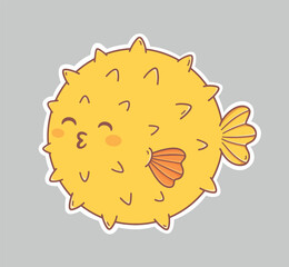 Cute yellow puffer fish kissing, kawai Sticker. crafts,  decor, and heartfelt designs. illustration for sticker, pin, card, poster, retro doodle cartoon