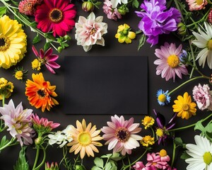 Fototapeta premium Top view of an empty postcard, which is surrounded by flowers. Mockup greeting card for Mother's Day, women's Day, Valentine's Day. Horizontal spring flower arrangement with a place for text.