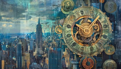 Obraz premium Abstract dual exposure of time concept in a big city 🌆⏳✨ Urban landscapes blend with clock faces, illustrating the dynamic interplay of time and city life #ModernTimelessness