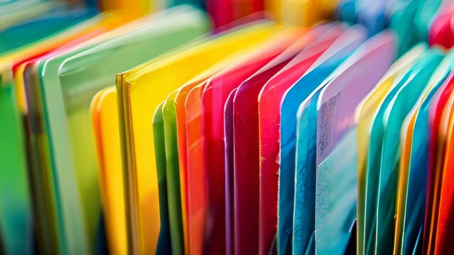 Close-up of vibrant, colorful hanging file folders in row