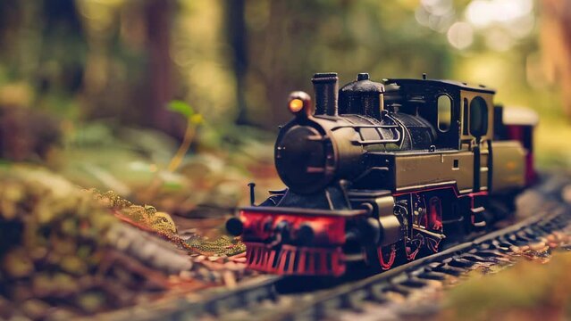 Miniature steam locomotive on model tracks in forest setting with headlight illuminated