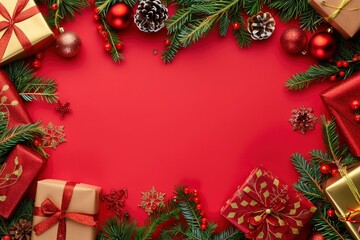 Fototapeta na wymiar Card with Christmas frame for text with fir decorations and gifts on red background - generative ai